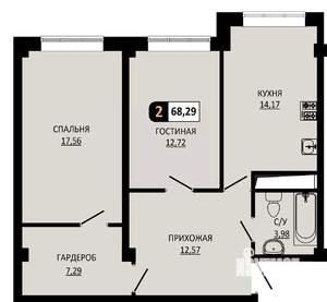 2-к квартира, вторичка, 68м2, 2/10 этаж