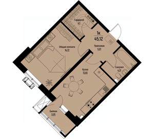 1-к квартира, строящийся дом, 45м2, 2/12 этаж