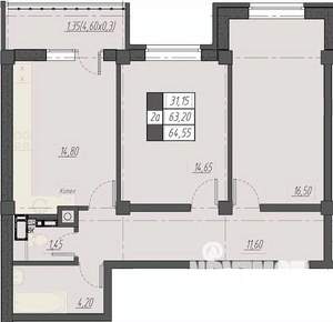 2-к квартира, строящийся дом, 65м2, 3/8 этаж