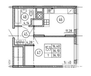 1-к квартира, строящийся дом, 36м2, 1/14 этаж