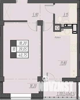1-к квартира, строящийся дом, 41м2, 3/8 этаж