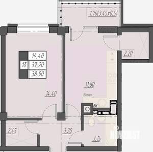 1-к квартира, строящийся дом, 39м2, 2/8 этаж