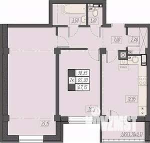 2-к квартира, строящийся дом, 67м2, 2/8 этаж
