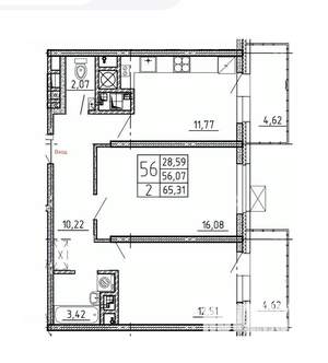 2-к квартира, строящийся дом, 65м2, 4/14 этаж