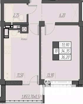1-к квартира, строящийся дом, 36м2, 7/8 этаж