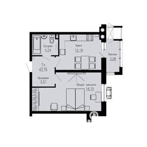 1-к квартира, строящийся дом, 44м2, 2/12 этаж