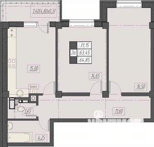 2-к квартира, строящийся дом, 65м2, 2/8 этаж