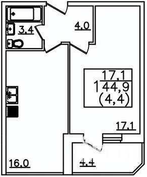 1-к квартира, строящийся дом, 45м2, 10/12 этаж