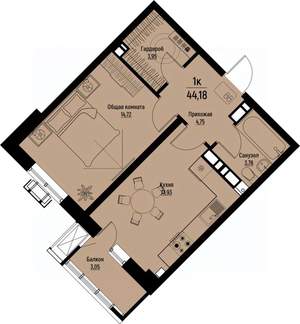 1-к квартира, вторичка, 44м2, 4/12 этаж