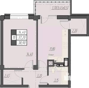 1-к квартира, строящийся дом, 39м2, 7/8 этаж