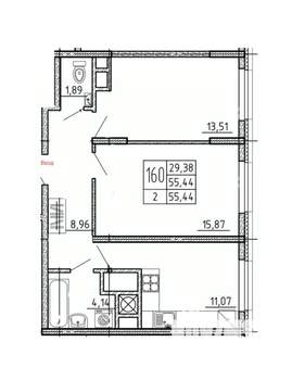 2-к квартира, строящийся дом, 55м2, 1/14 этаж