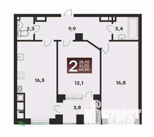 2-к квартира, вторичка, 65м2, 2/12 этаж