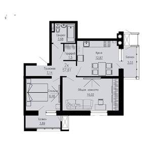 2-к квартира, строящийся дом, 58м2, 2/12 этаж
