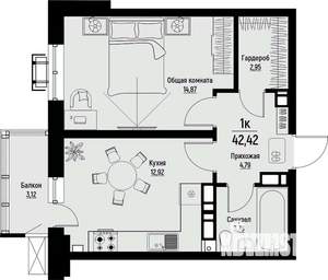 1-к квартира, вторичка, 42м2, 6/12 этаж