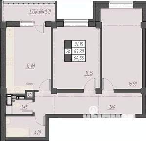 2-к квартира, строящийся дом, 65м2, 6/8 этаж