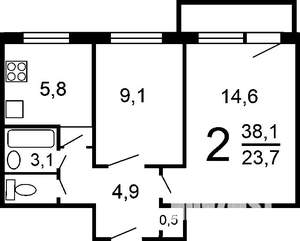 2-к квартира, вторичка, 38м2, 1/5 этаж