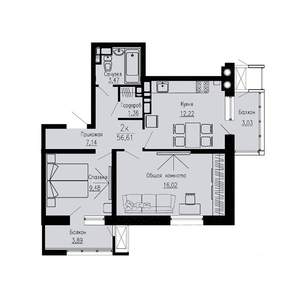 2-к квартира, строящийся дом, 57м2, 7/12 этаж