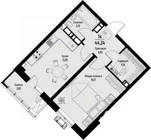 1-к квартира, вторичка, 44м2, 12/12 этаж