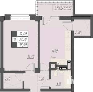 1-к квартира, строящийся дом, 39м2, 3/8 этаж