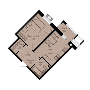 1-к квартира, строящийся дом, 44м2, 2/12 этаж