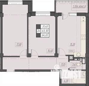 2-к квартира, строящийся дом, 65м2, 4/8 этаж