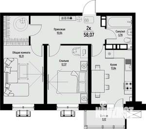 2-к квартира, вторичка, 58м2, 11/12 этаж