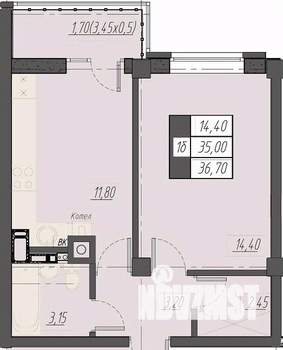 1-к квартира, строящийся дом, 37м2, 7/8 этаж