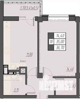 1-к квартира, строящийся дом, 37м2, 2/8 этаж