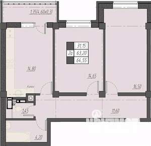2-к квартира, строящийся дом, 65м2, 4/8 этаж