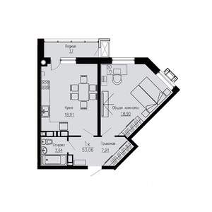 1-к квартира, строящийся дом, 53м2, 10/12 этаж