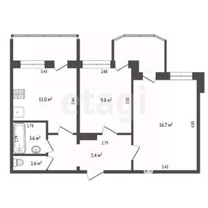 2-к квартира, вторичка, 50м2, 2/17 этаж