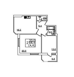 2-к квартира, вторичка, 68м2, 1/12 этаж