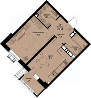 1-к квартира, вторичка, 44м2, 4/12 этаж
