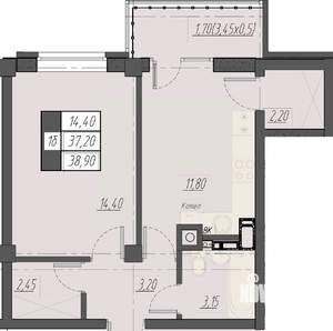 1-к квартира, строящийся дом, 39м2, 5/8 этаж