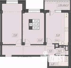 2-к квартира, строящийся дом, 65м2, 4/8 этаж