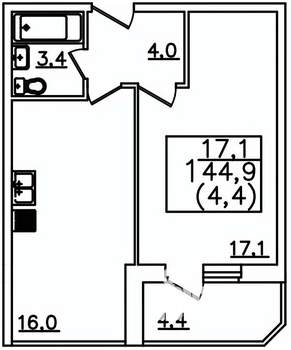 1-к квартира, строящийся дом, 45м2, 1/12 этаж