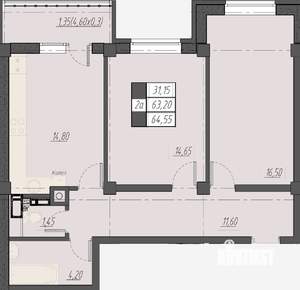 2-к квартира, строящийся дом, 65м2, 2/8 этаж