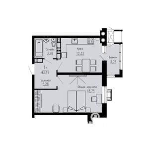 1-к квартира, строящийся дом, 43м2, 12/12 этаж