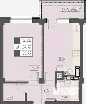 1-к квартира, строящийся дом, 36м2, 7/8 этаж