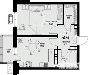 1-к квартира, строящийся дом, 42м2, 5/12 этаж