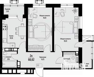 2-к квартира, вторичка, 67м2, 5/12 этаж