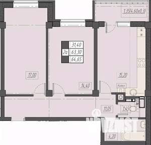 2-к квартира, строящийся дом, 65м2, 5/8 этаж