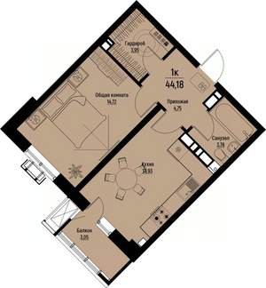 1-к квартира, строящийся дом, 44м2, 6/12 этаж