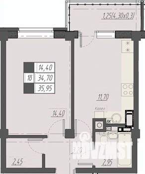 1-к квартира, строящийся дом, 36м2, 3/8 этаж