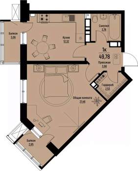 1-к квартира, вторичка, 50м2, 9/12 этаж