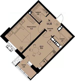 1-к квартира, строящийся дом, 44м2, 3/12 этаж